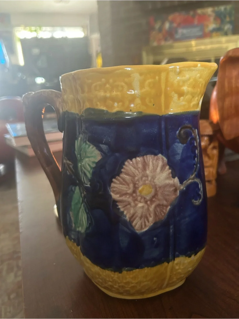 English Factory Yellow, Blue and Pink Floral Ceramic Pitcher